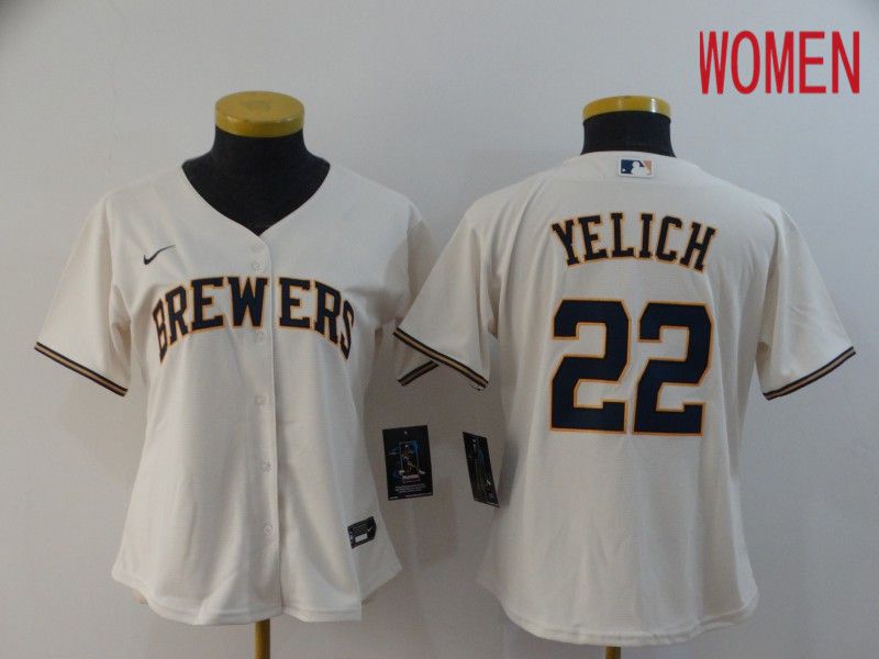 Women Milwaukee Brewers #22 Yelich Cream Nike Game MLB Jerseys